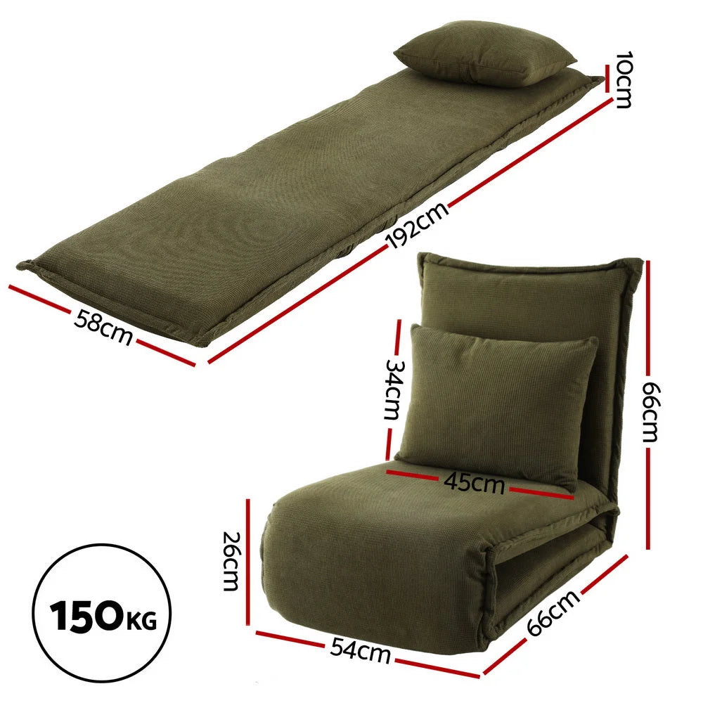 Green floor lounge sofa with component details and storage context