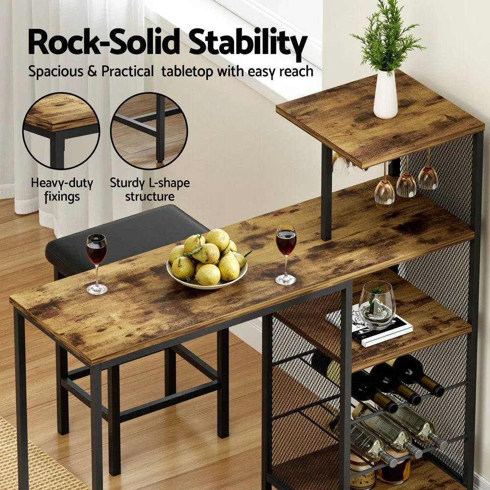 Industrial Bar Table with Wine Rack Cup Holder Multi