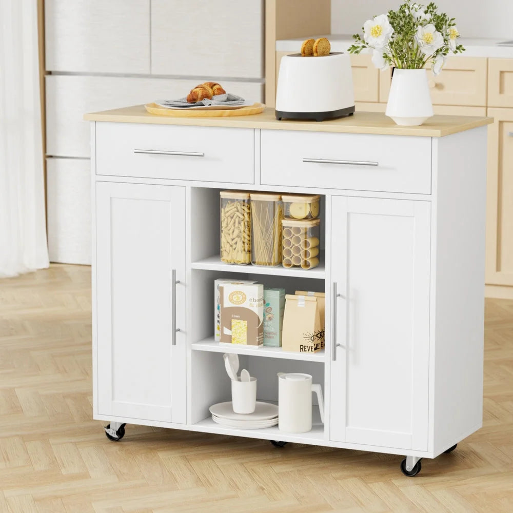 White 100cm storage cabinet with kitchen island trolley rolling