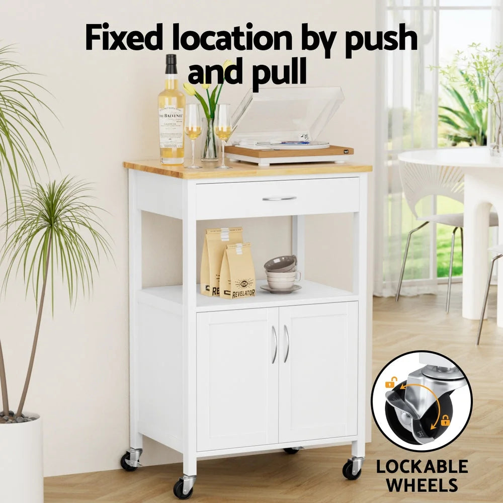 Kitchen island trolley with cupboard storage and rolling base