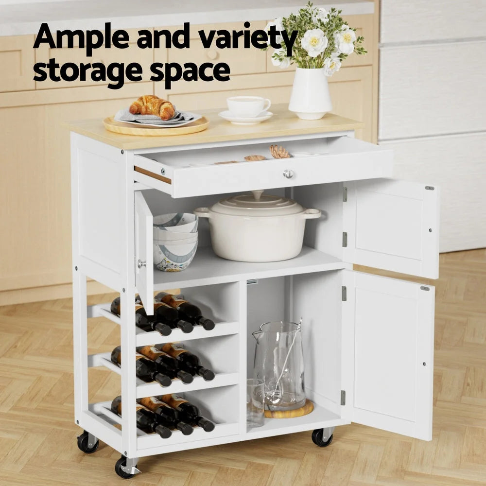 Kitchen island trolley with drawer storage and towel rail