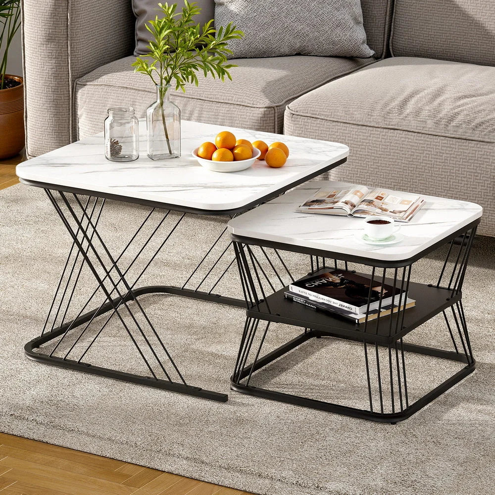 Marble nesting coffee table with tabletop context and item shape