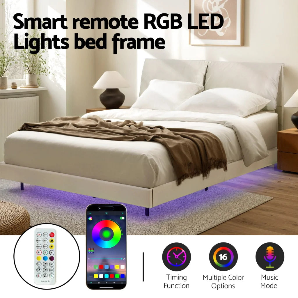 Artiss Queen Bed Frame RGB LED Floating Beds Adjustable