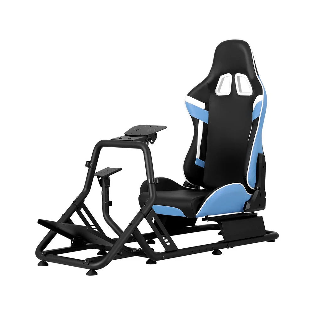Blue gaming chair with racing simulator cockpit steering