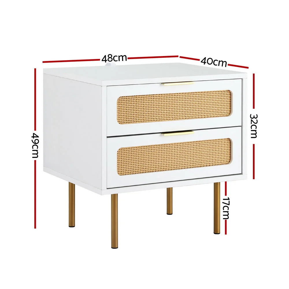 Bedside Table 2 Drawers Pine Rattan