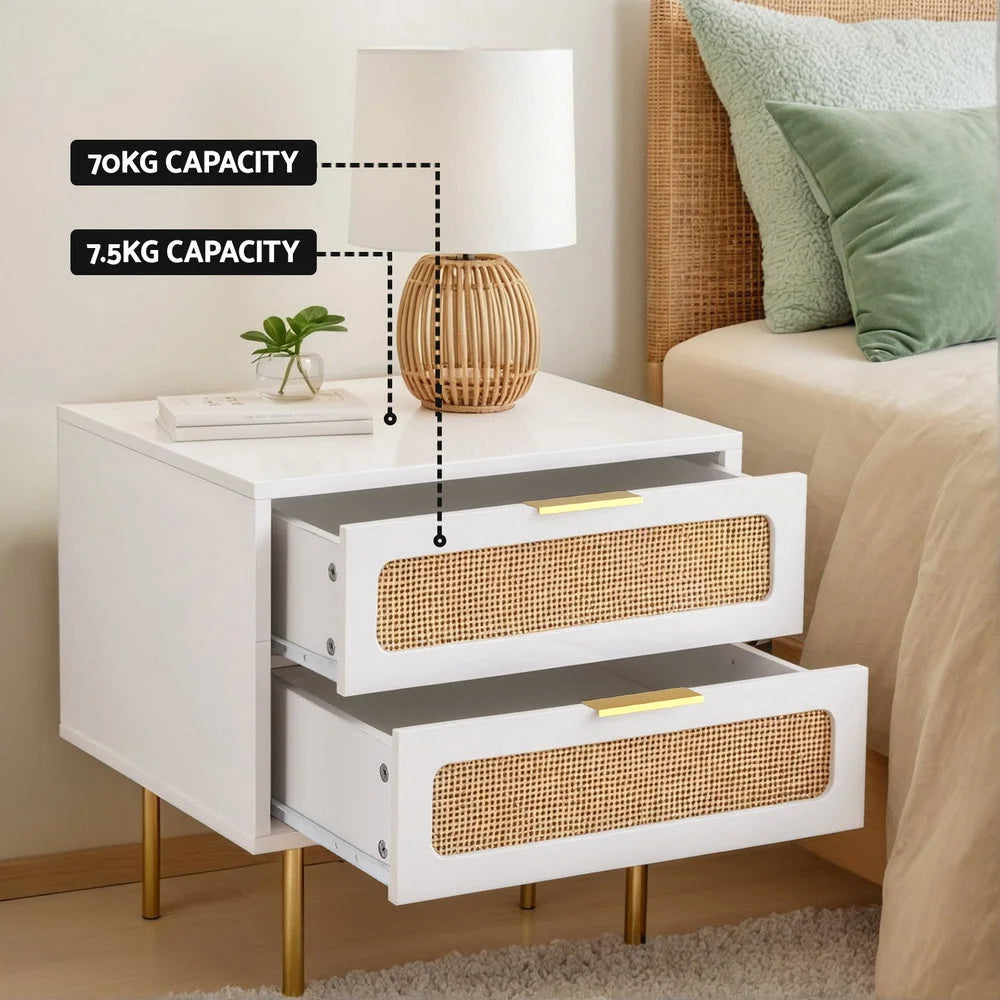 Rattan 2 table with bedside drawers pine