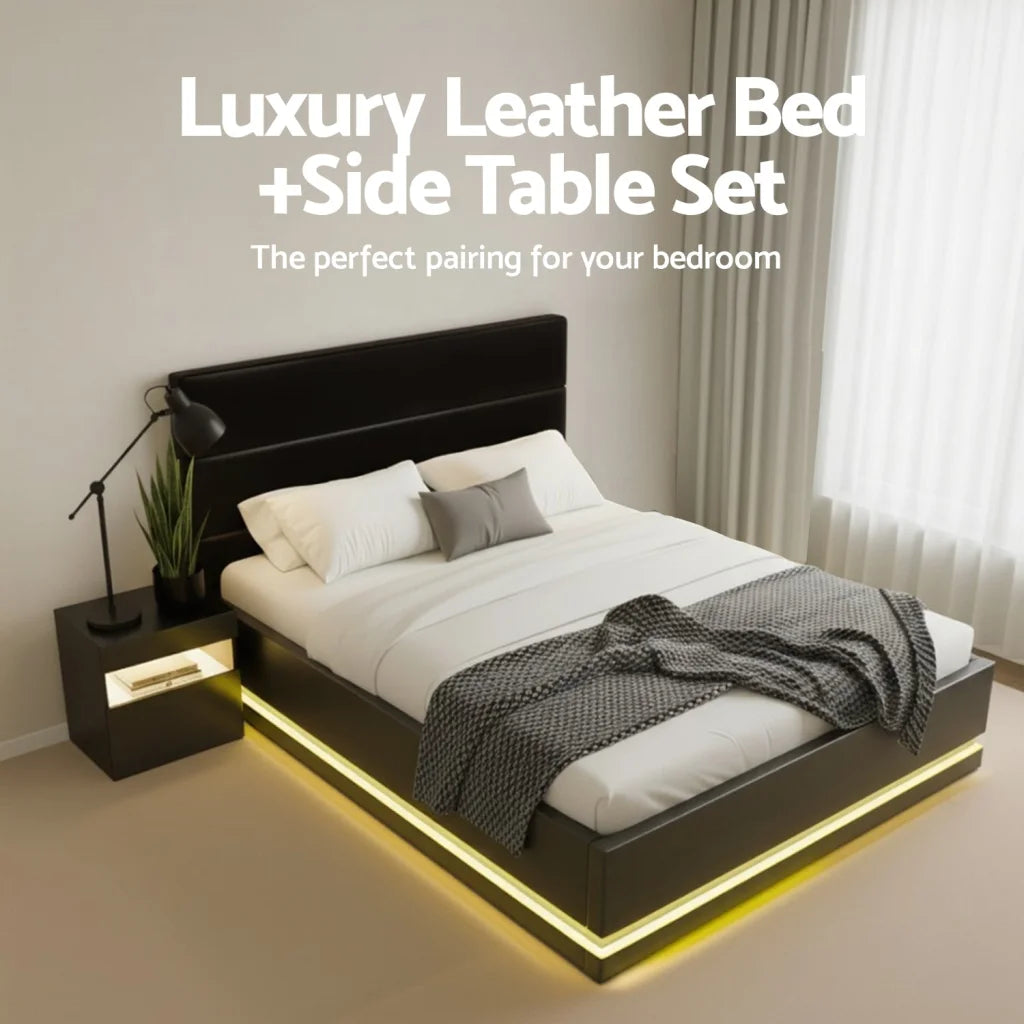 Bed frame with table rgb led double
