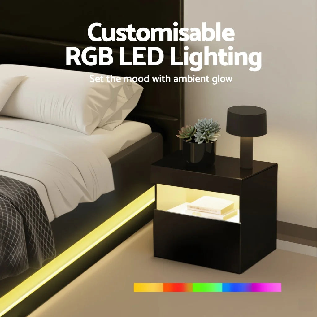 Bed frame with rgb led double beside table