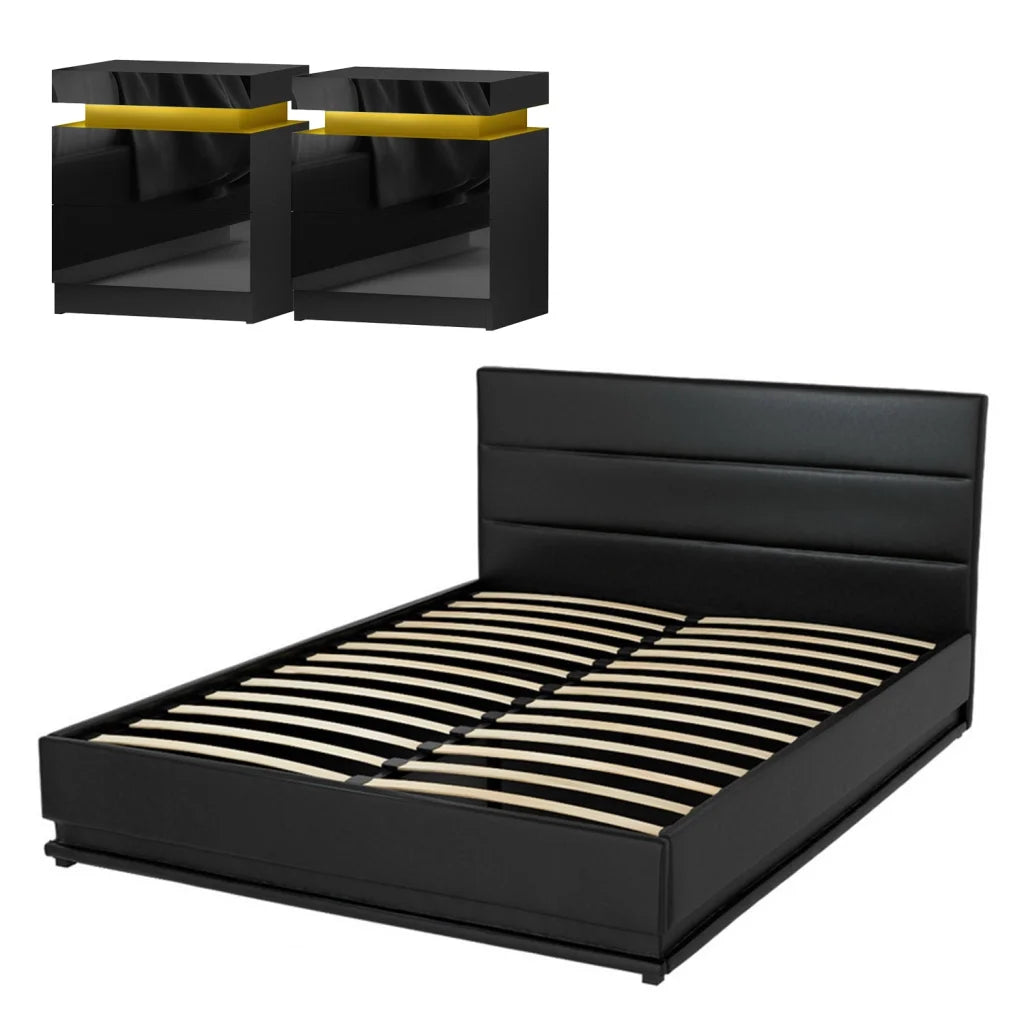 Artiss RGB LED Queen Bed Frame with 2 Beside Tables Set 16
