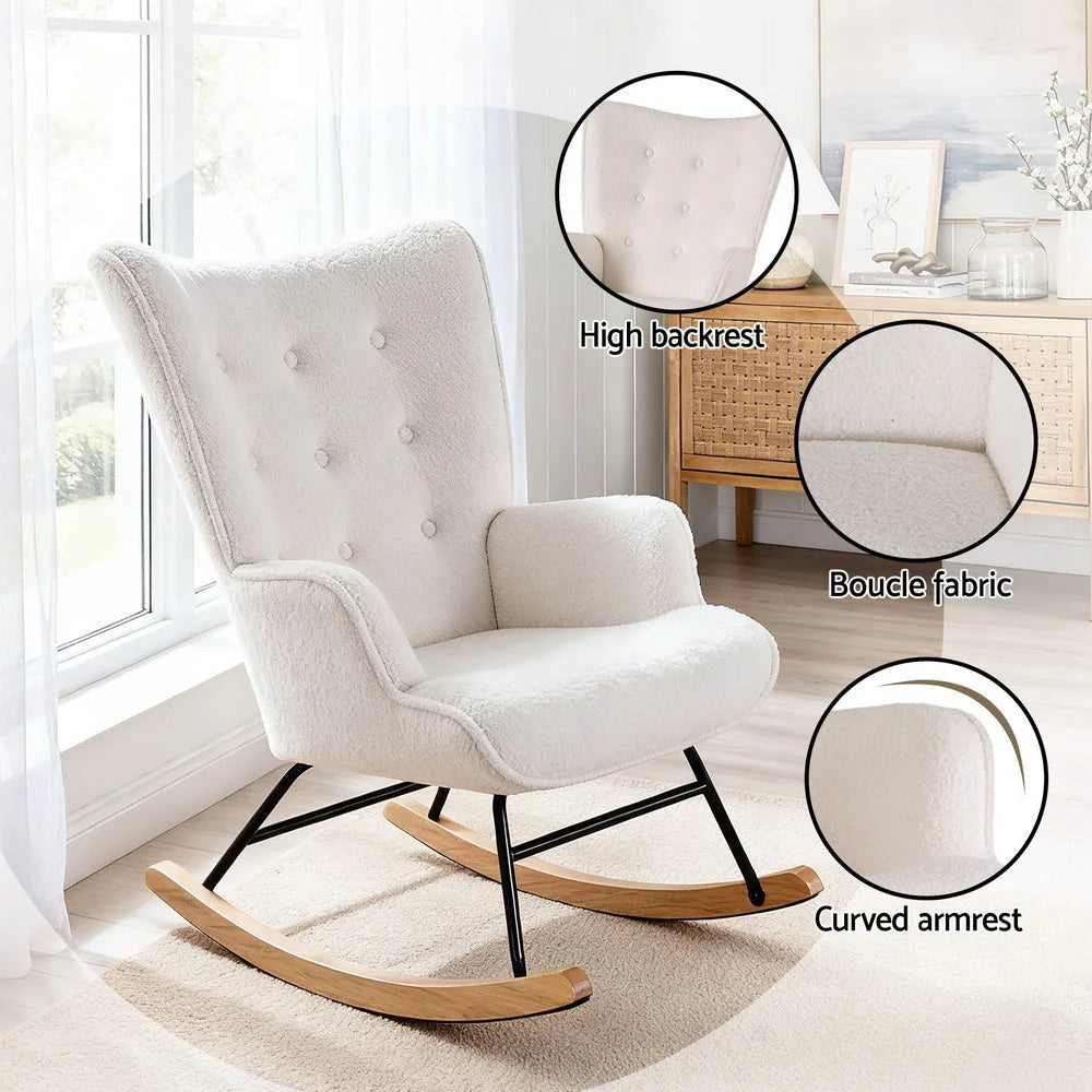 Artiss Rocking Armchair Nursing Chair Boucle Fabric White