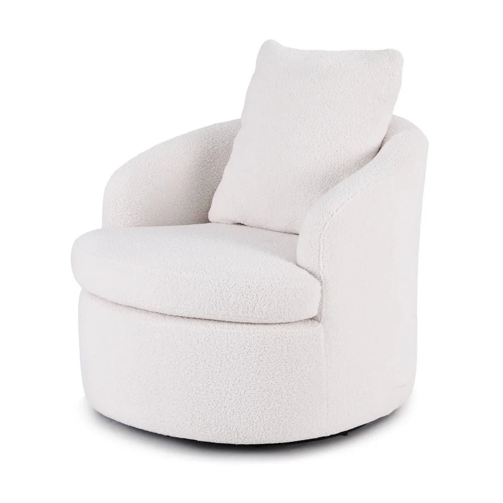 White round swivel armchair with extra pillow frame bar