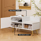 White shoe rack with open shelves and side supports