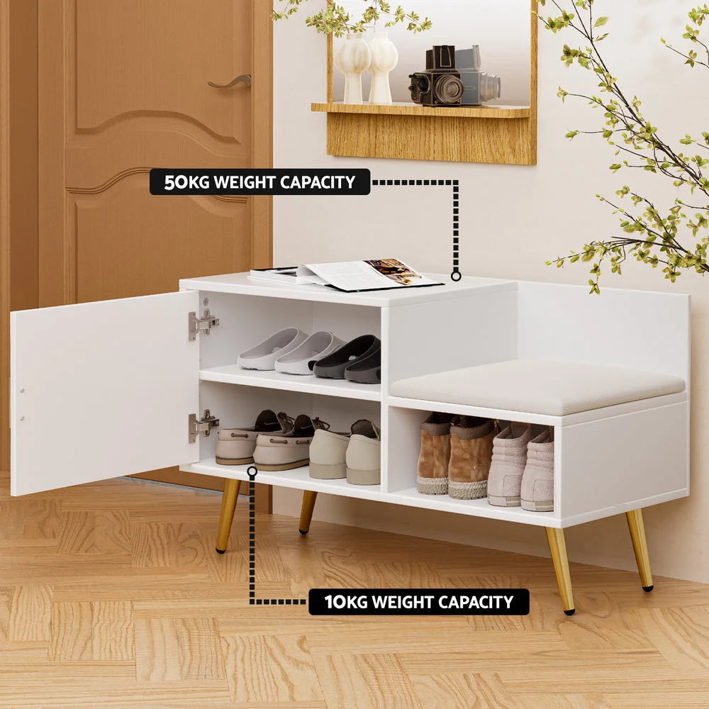 White shoe rack with open shelves and side supports