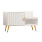 White shoe rack with stacked shoe shelves and metal posts