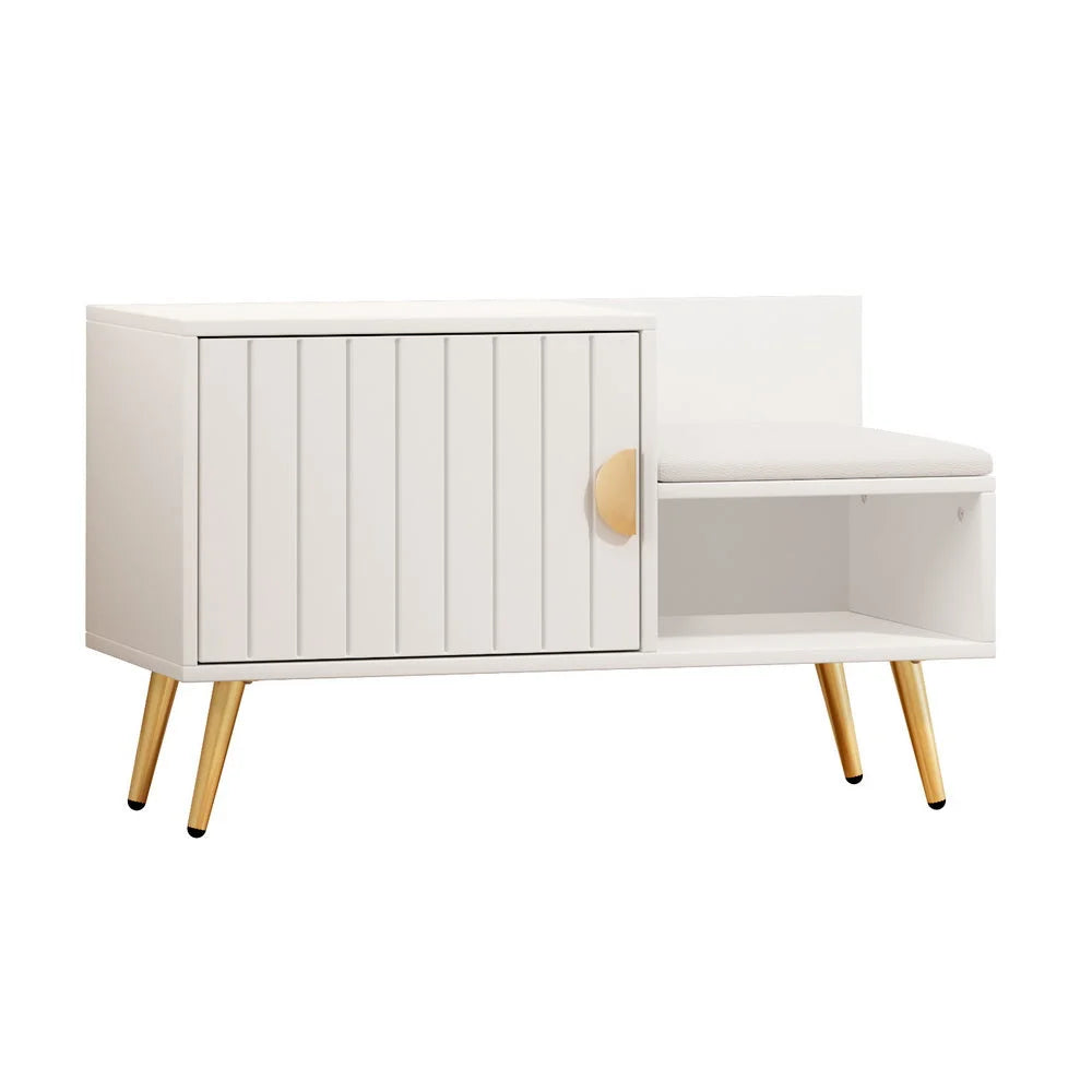 White shoe rack with stacked shoe shelves and metal posts