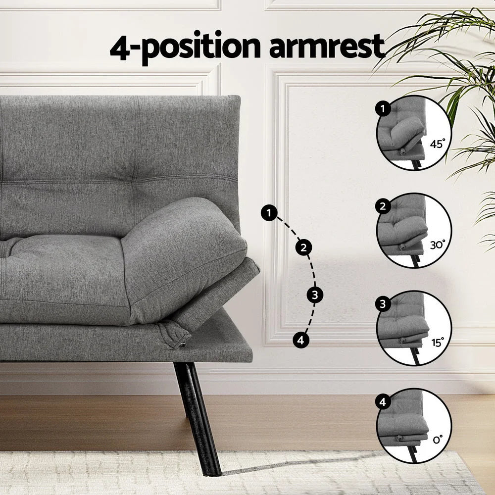 Grey three-seater sofa bed with convertible backrest