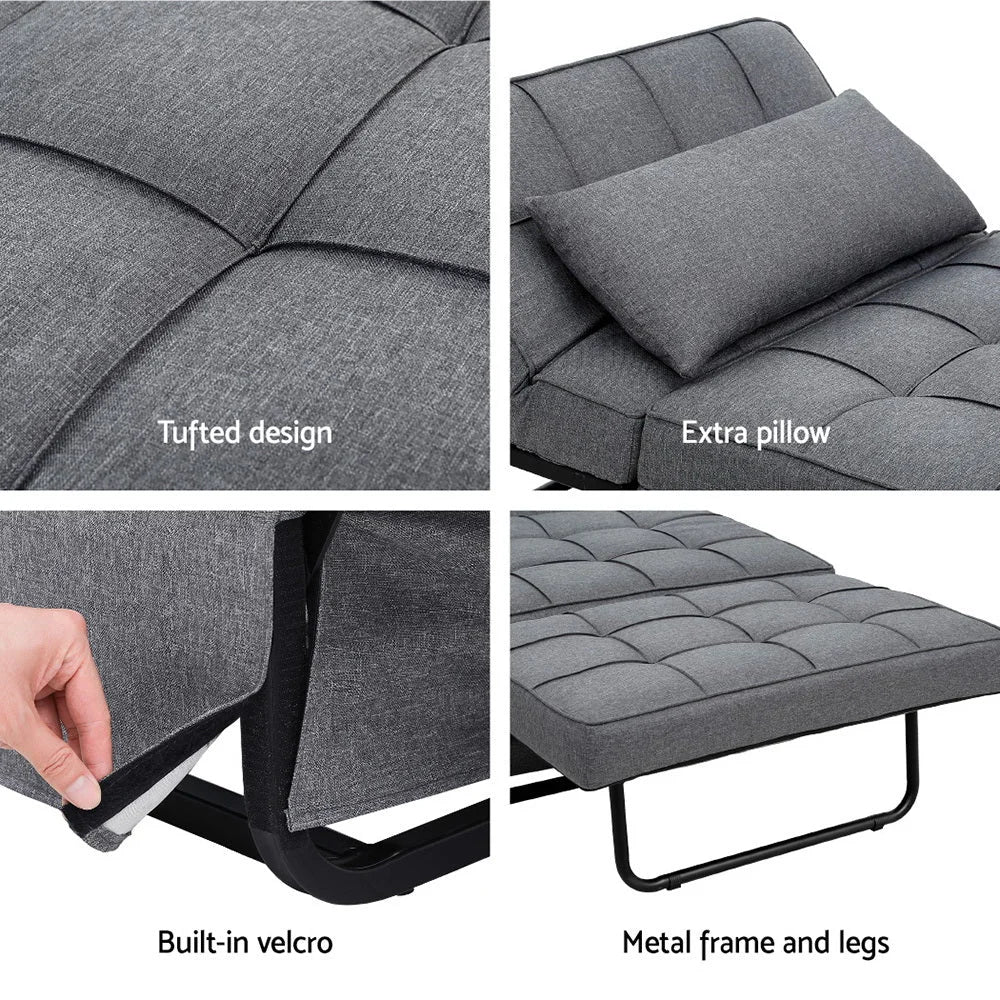 Grey linen sofa bed lounge with storage shelves and support legs