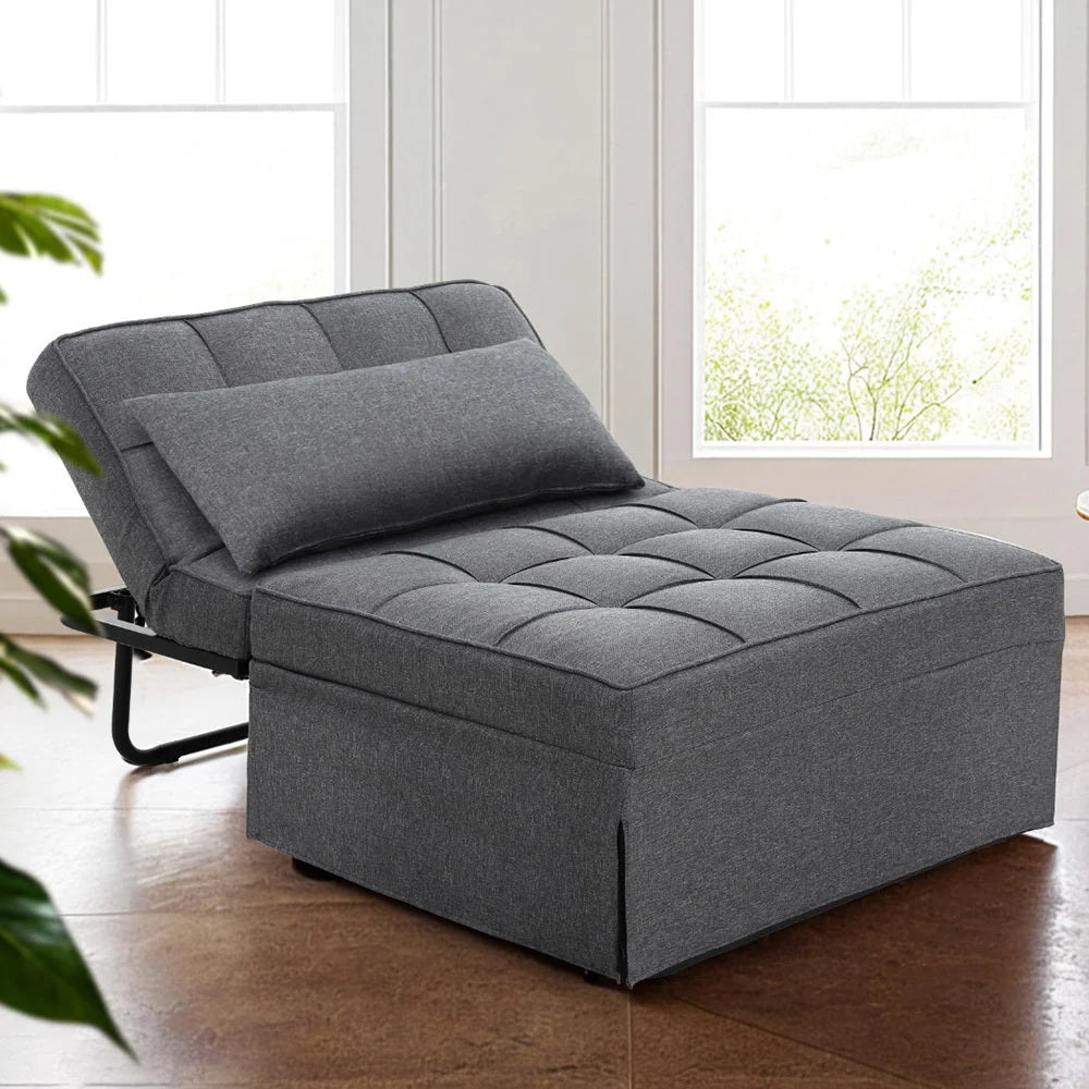 Grey linen sofa bed lounge with caster wheels and side handle rail