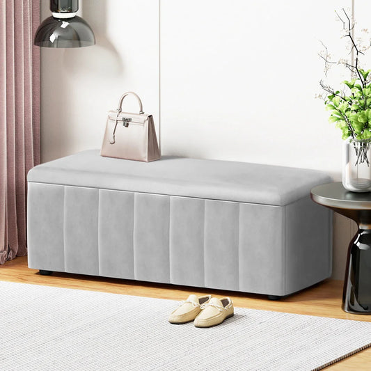Grey velvet storage ottoman