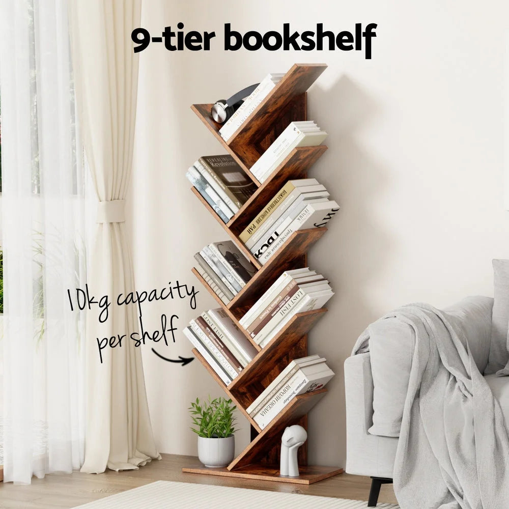 9 Tiers Walnut Living Room Bookcases Shelves Tree Bookshelf