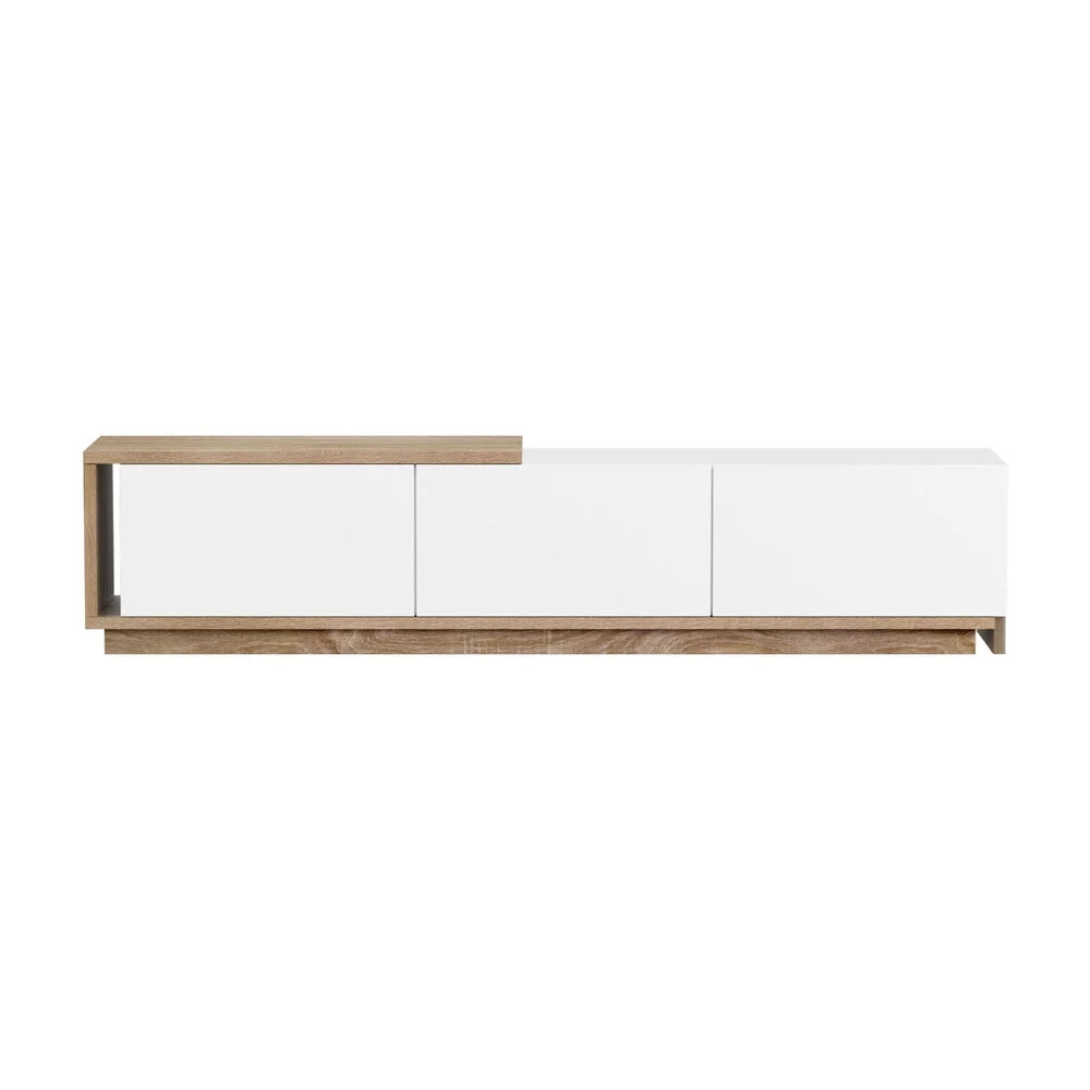White TV stand with upright supports and shelf tiers