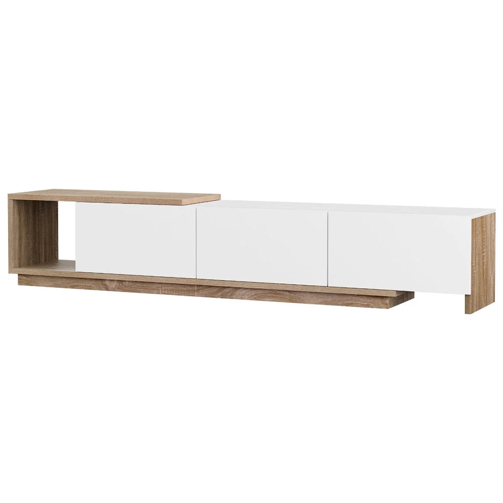 White TV stand with open shelves and sturdy supports