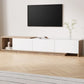 White TV stand with tiered shelves and metal supports