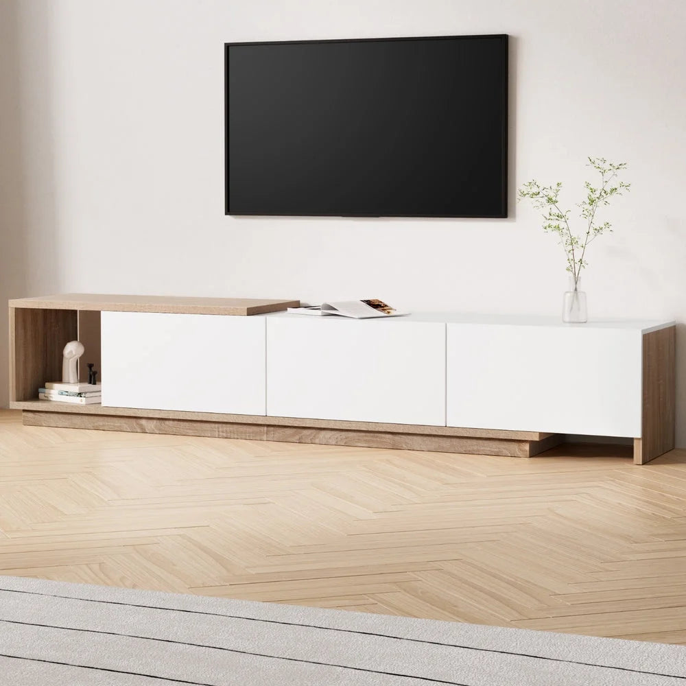 White TV stand with tiered shelves and metal supports