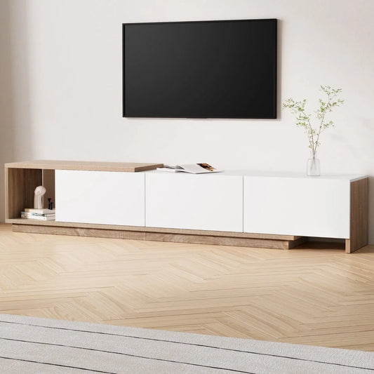 White TV stand with tiered shelves and metal supports