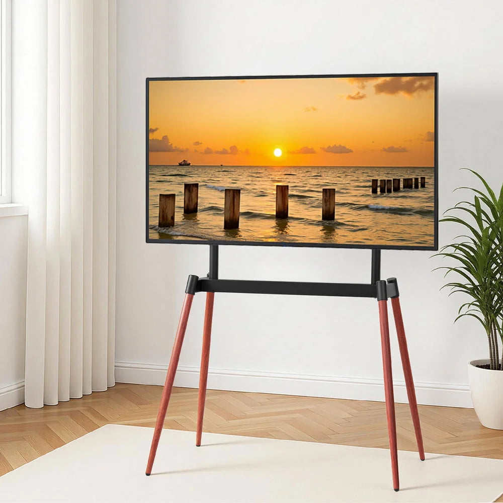 Wooden TV stand with upright supports and shelf tiers