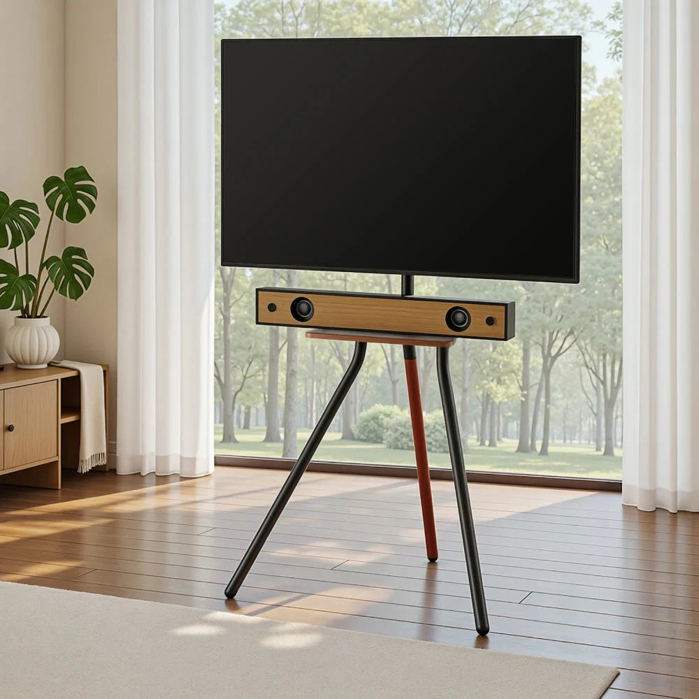 Wooden TV stand with adjustable supports and fitted brackets