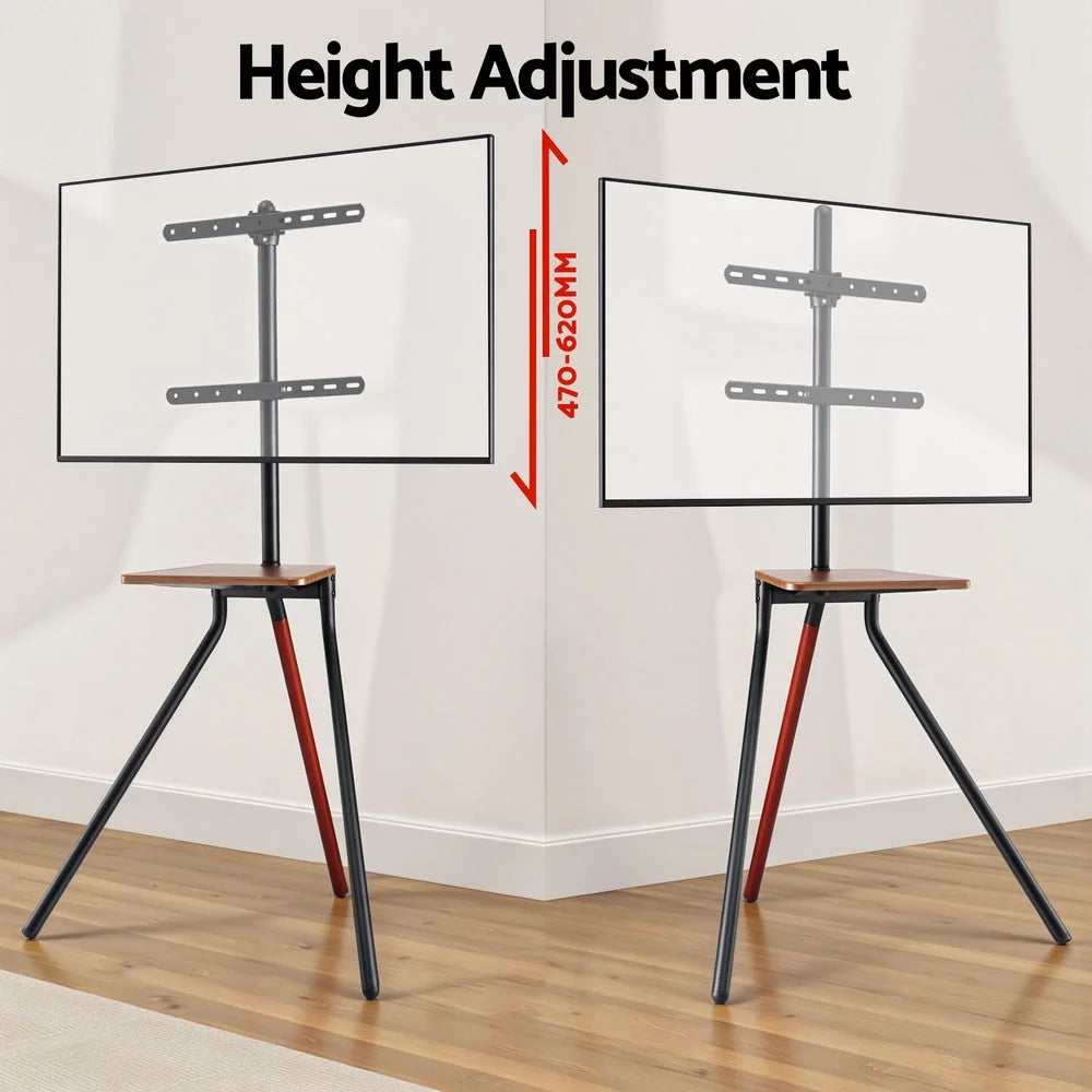 Wooden TV stand with slim posts and mounting brackets