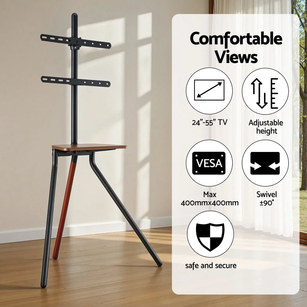 Wooden TV stand with display shelves and upright posts