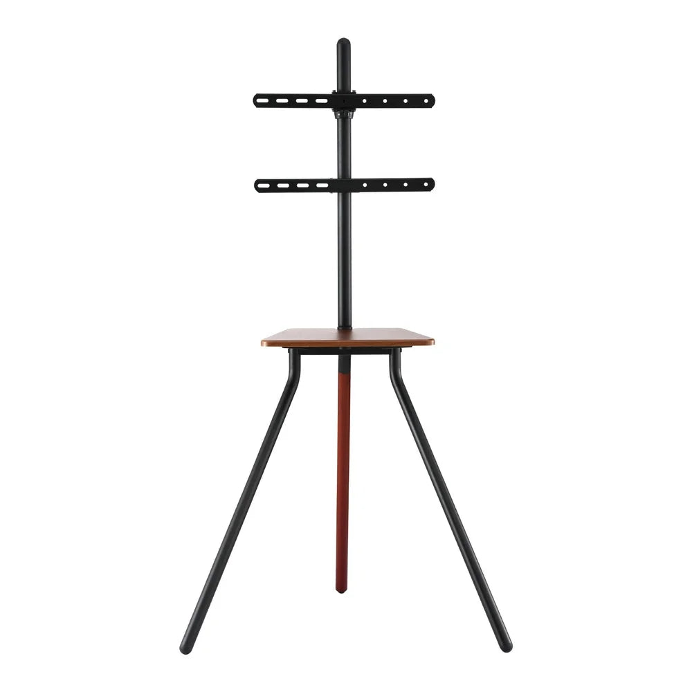 Wooden TV stand with tiered shelves and metal supports