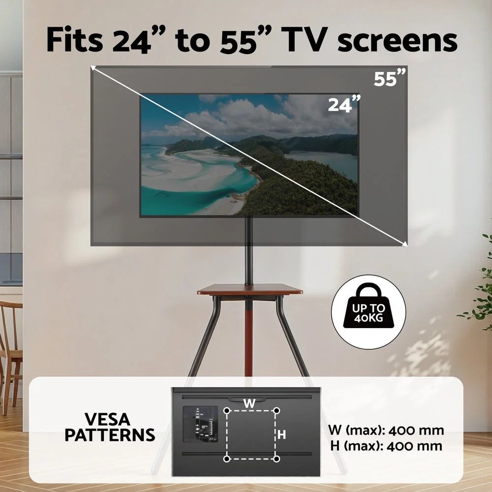 Wooden TV stand with open shelves and sturdy supports