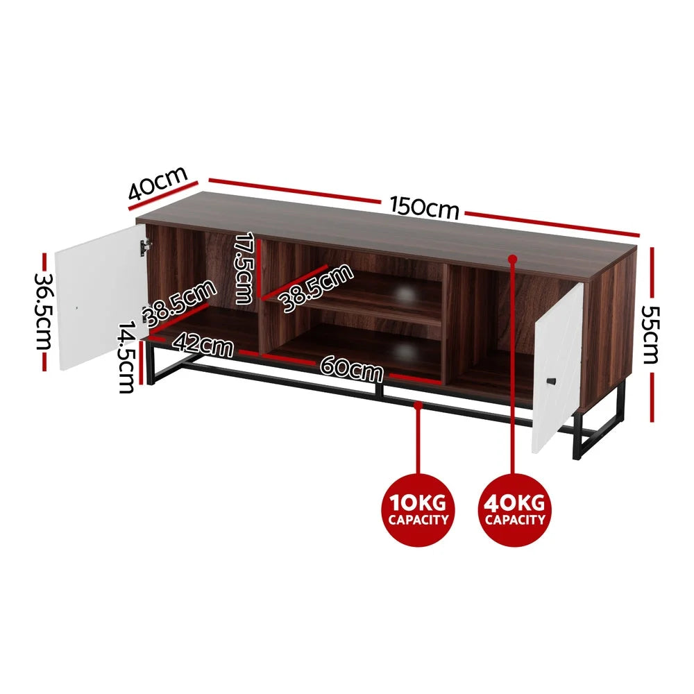 White 150cm TV unit storage with caster wheels and side handle rail