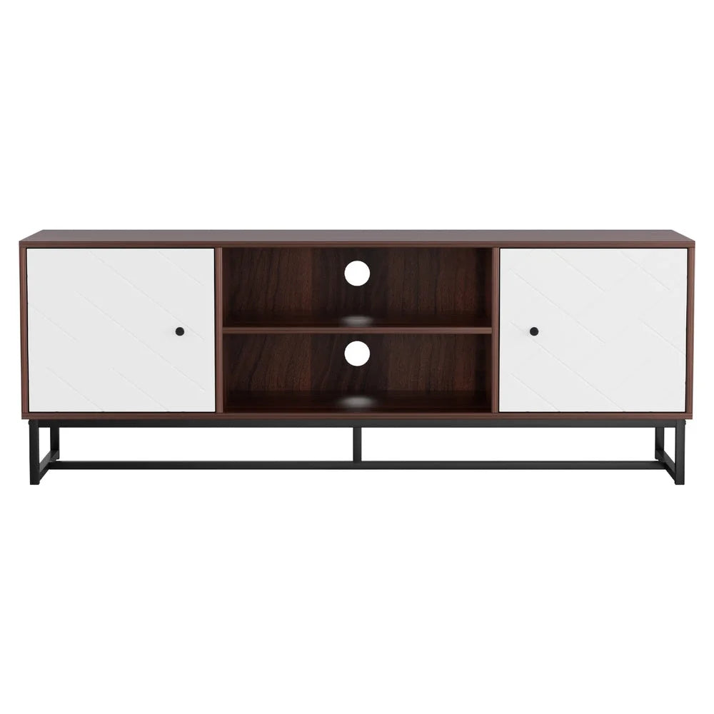 White 150cm TV unit storage with storage shelves and support legs