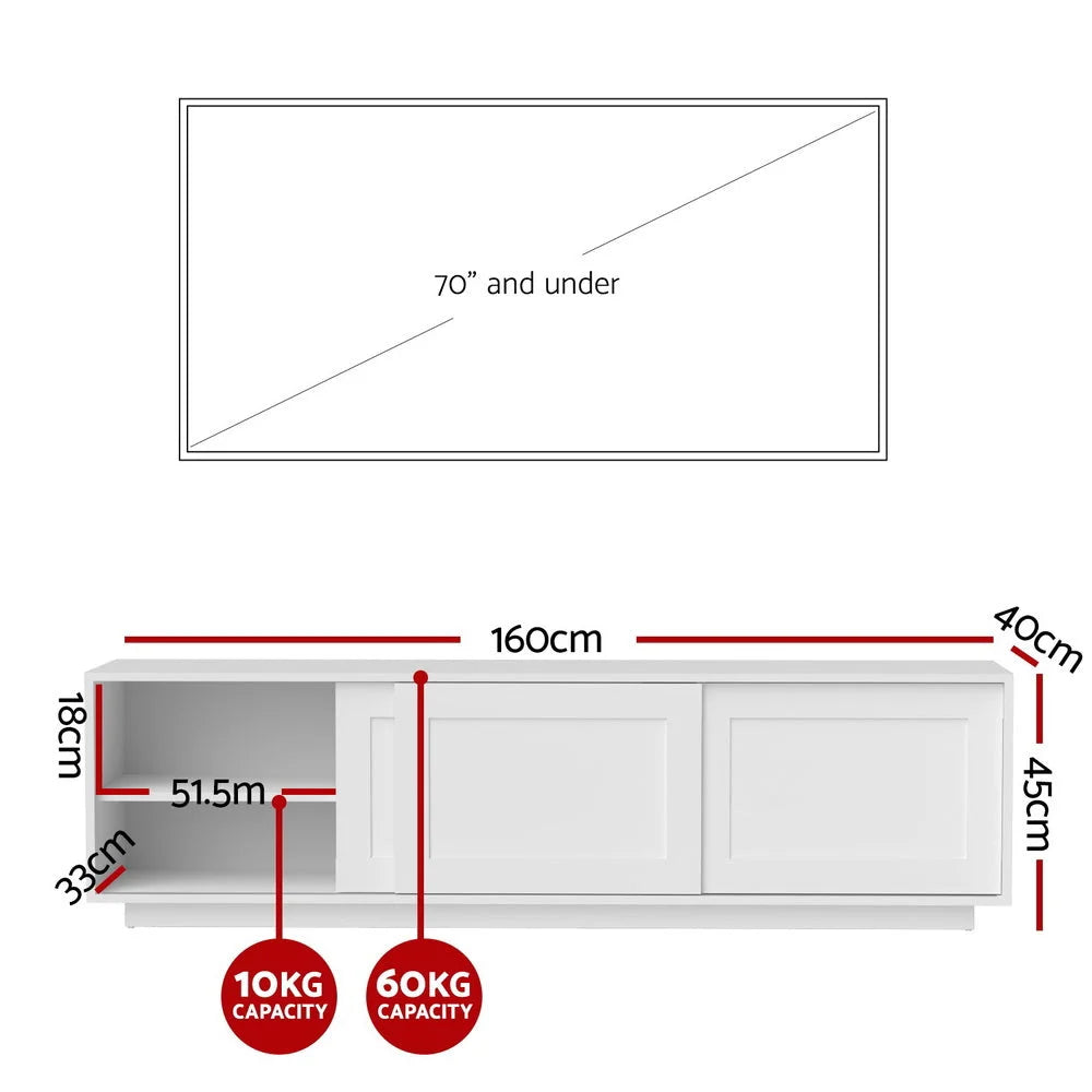White 160cm storage cabinet with handles and internal shelves