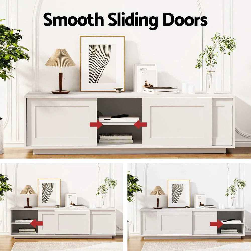 White 160cm storage cabinet with slim storage layout and glass door