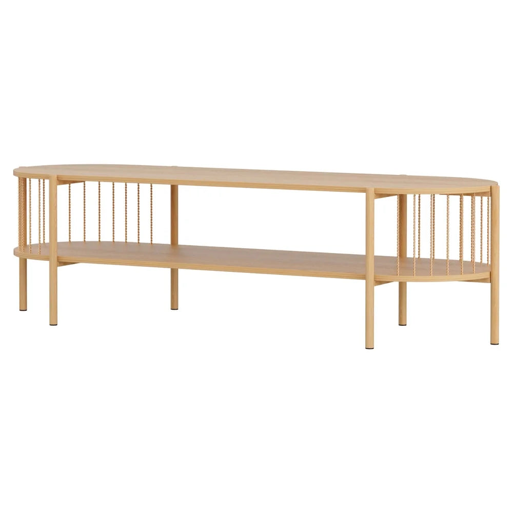 148cm entertainment unit with natural timber finish and sliding door storage
