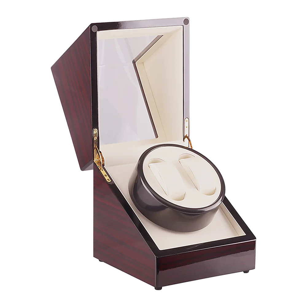 Wood automatic dual watch with component details and storage context
