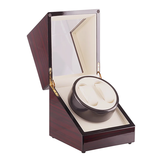 Wood automatic dual watch with component details and storage context