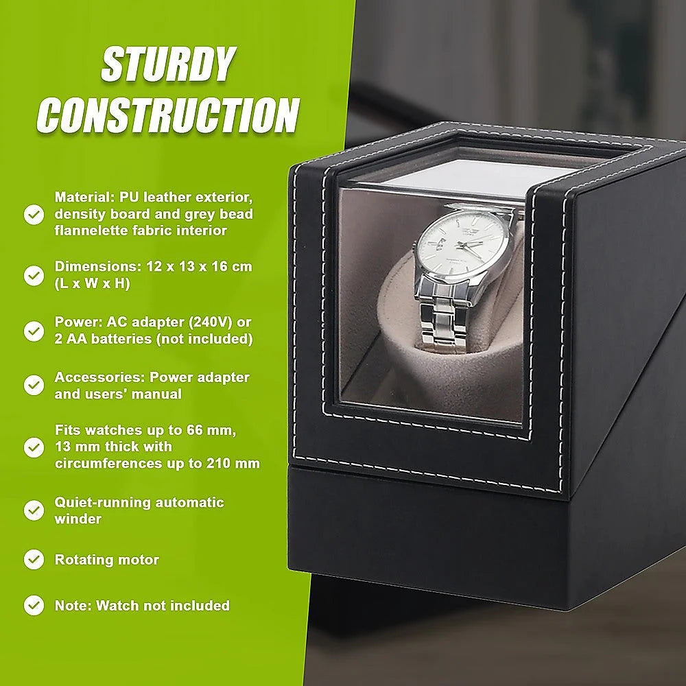 Leather automatic watch winder with component details and storage context