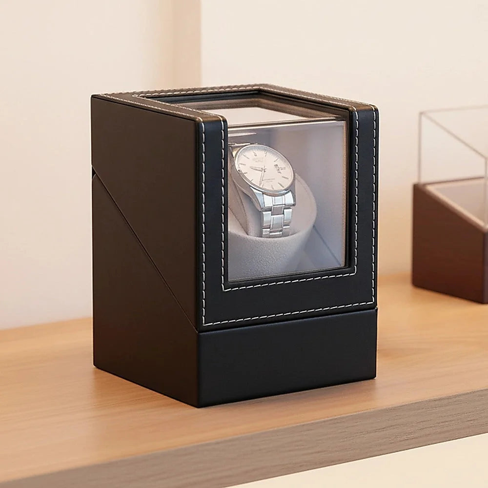Leather automatic watch winder with size cues and product form