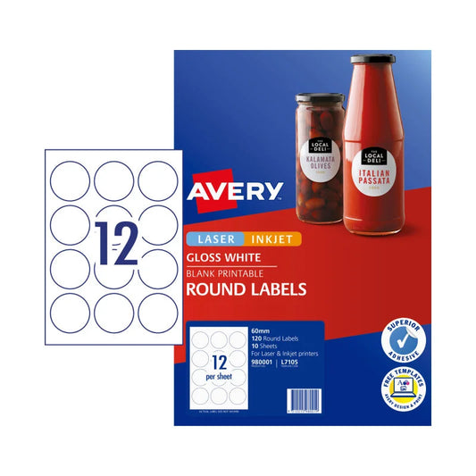 AVERY Label L7105 Round 60mm 12Up - Pack of 10