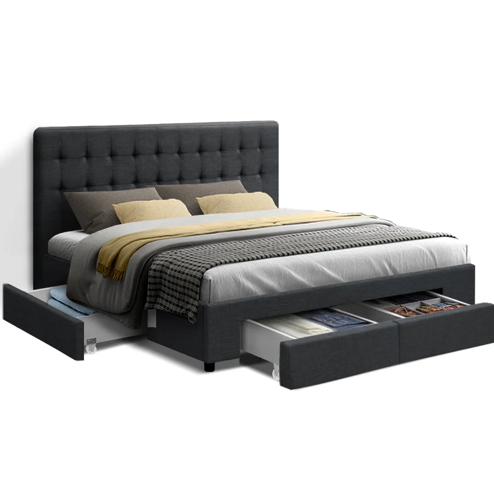 Avio Bed Frame Fabric with Storage Drawers Charcoal Queen