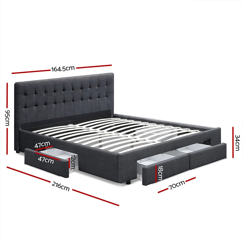 Avio Bed Frame Fabric with Storage Drawers Charcoal Queen
