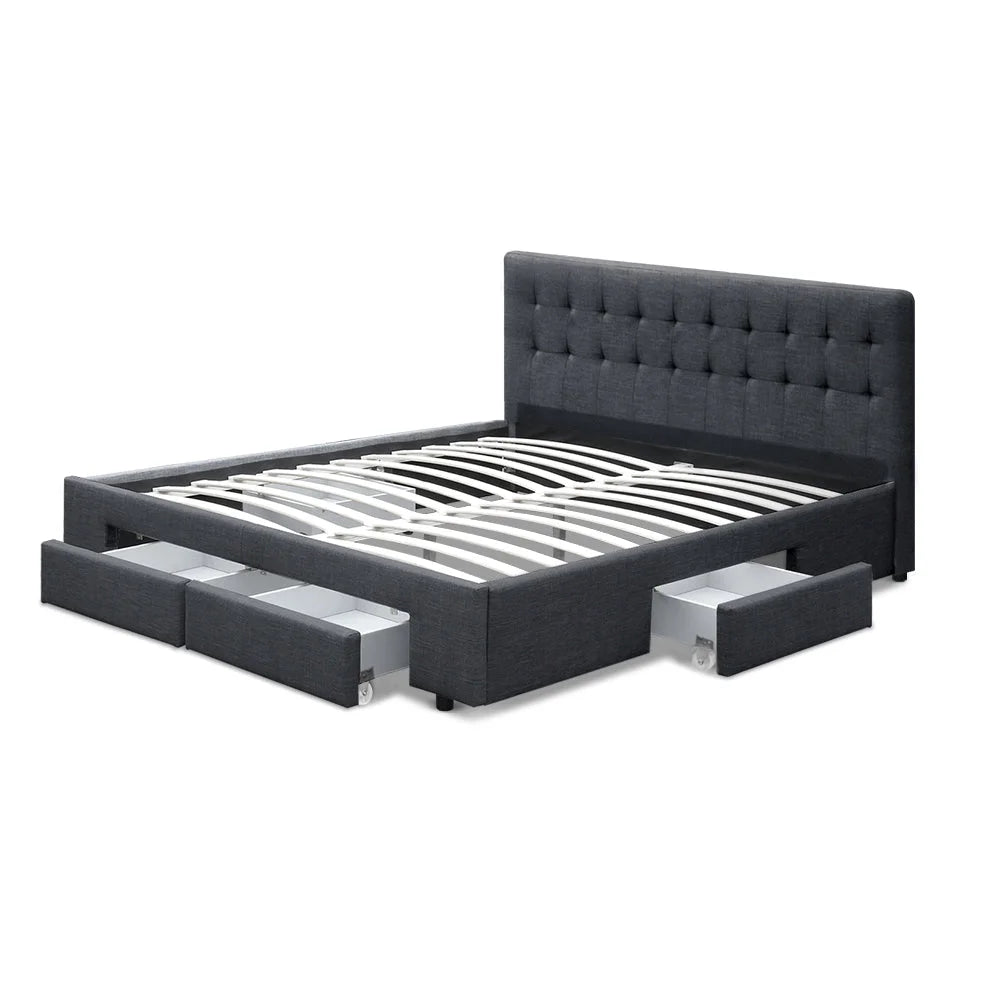 Avio Bed Frame Fabric with Storage Drawers Charcoal Queen