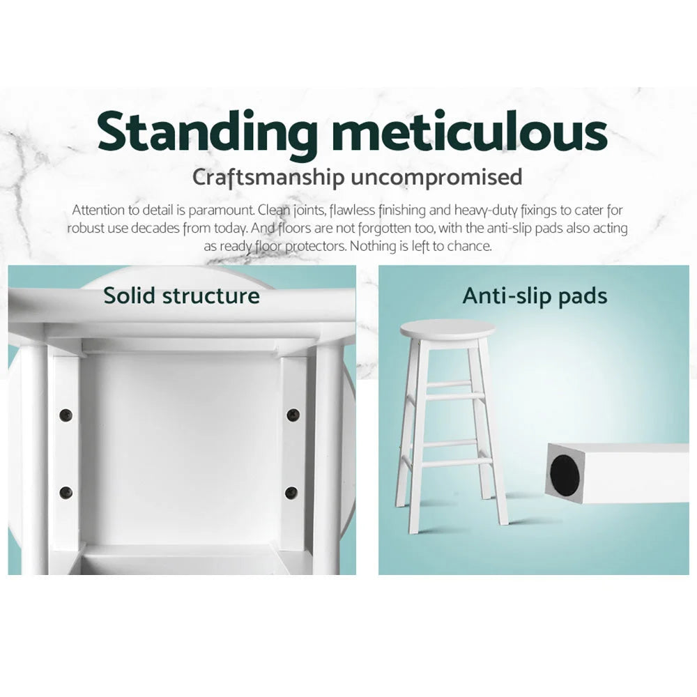 White wood bar stool set with shaped seat and supportive backrest