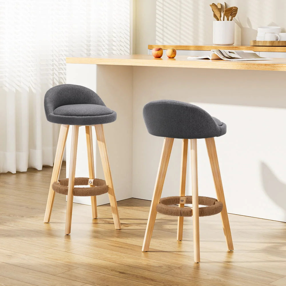 Grey fabric bar stool set with shaped seat and supportive backrest